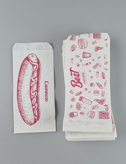 Пакет паперовий крафт білий 90х0х210, 40 г/м2, друк хот-дог (100 шт.) Харків - фото 1