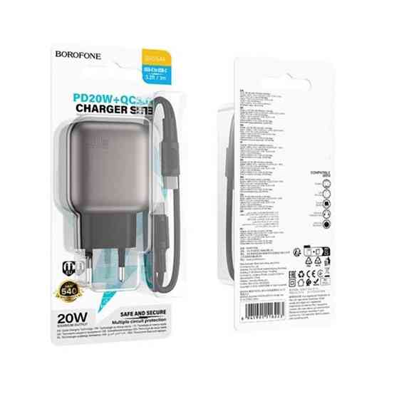 Мережевий зарядний пристрій з кабелем BOROFONE BAS54A Absolute PD20W+QC3.0 charger set (C to iP) (EU) Black Одеса