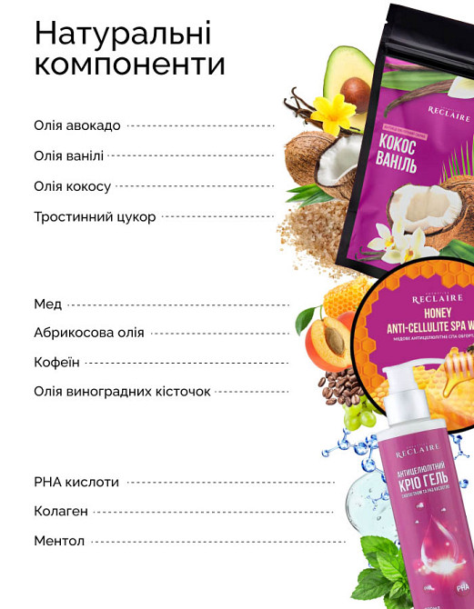Тройной медовый антицеллюлитный набор SPA Скраб+Обертывания+Крио гель Reclaire cosmetics Киев - изображение 4