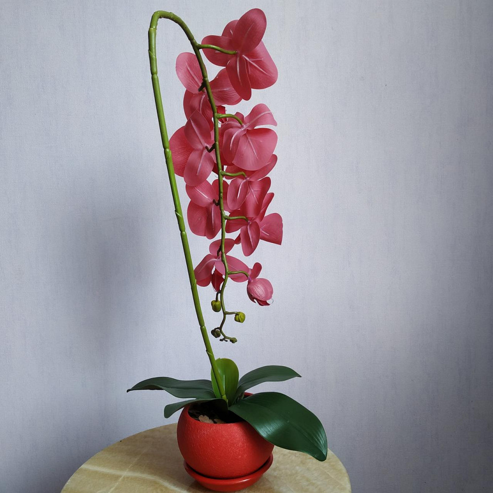Штучна латексна орхідея VIP у червоному керамічному кашпо на одну гілку червона Дніпро - фото 5
