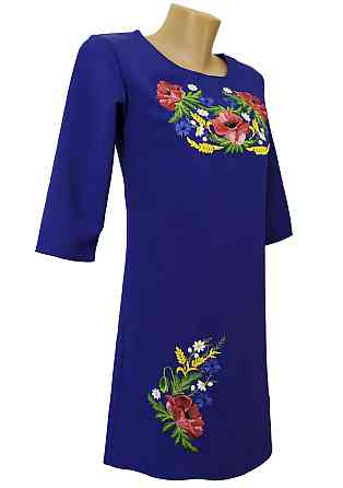 Синее насыщенное вышитое женское платье с неповторимой вышивкой цветами «Мак - василек» Киев