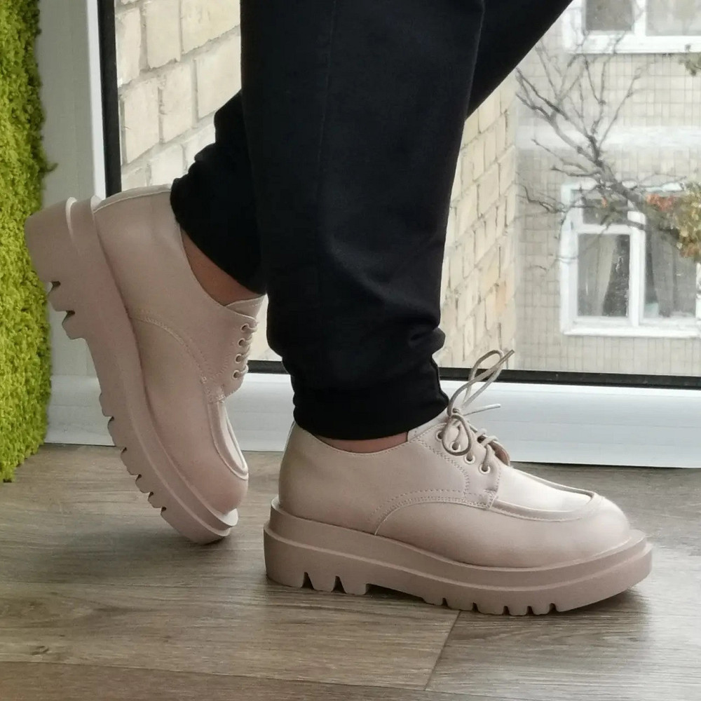 Жіночі Бежеві броги Туфлі Оксфорди Танкетка Сліпони Шкіряні Мокасини (розміри: 36,37,38,39,40,41) Дніпро - фото 9