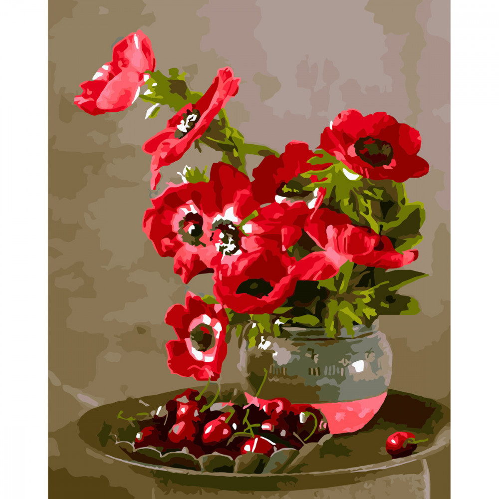 Набір для розпису по номерах Маки та чарешні Strateg з лаком та рівнем розміром 40х50 см (VA-3636), шт Київ - фото 1