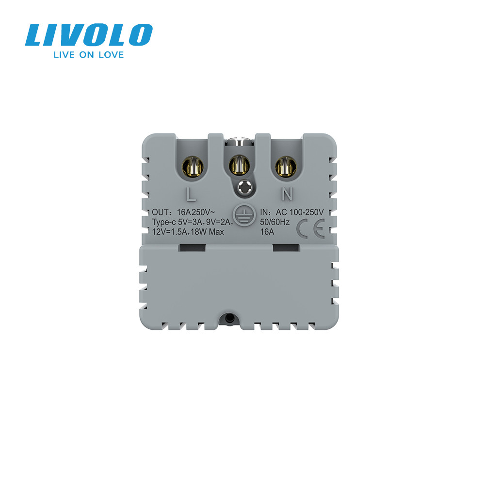 Електрична розетка LIVOLO з USB Type-C PD 18Вт, швидке заряджання iPhone, біла, 16А 230В, із заземленням, шторки, модуль (VL-FCTF16A.UC18W-2WP) Коломыя - изображение 7