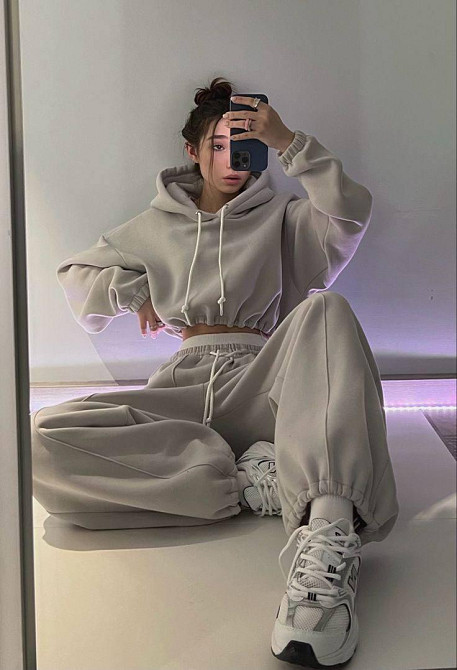 Женский утепленный стильный костюм двойка: худи и джоггеры трехнить на флисе Серый, 44/46 Одесса - изображение 1