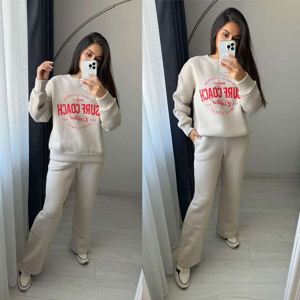Жіночий теплий оверсайз костюм-двійка: кофта та штани турецька тринитка пеньє на флісі Молочний, 42/46 Одеса - фото 3