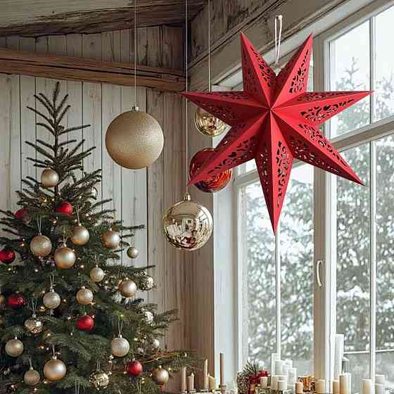 Картонная звезда объемная декоративная 35 см красный Киев