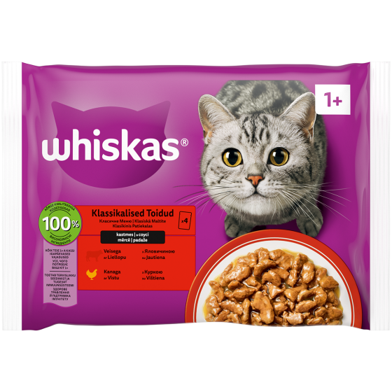 Влажный корм Whiskas (Вискас) с говядиной/курицей в соусе для взрослых кошек (упаковка 4 шт x 85 г) Винница