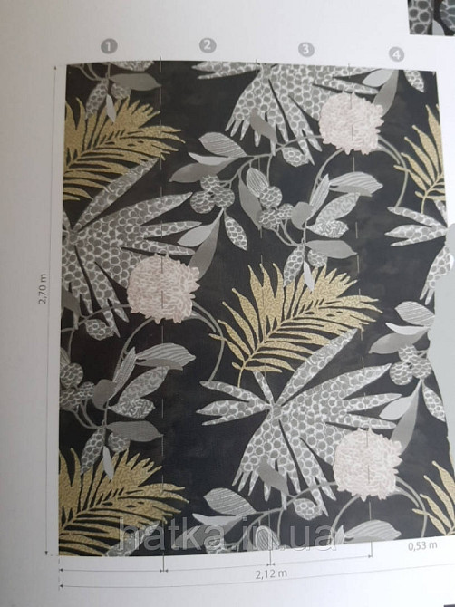 Шпалери вінілові на флізелін Marburg 31861 New modern панно джунглі великі листя гілки на темно сірому тлі Київ - фото 2