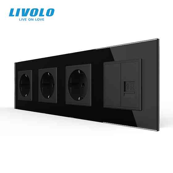 LIVOLO Розетка чотиримісна комбінована Силова Інтернет LIVOLO чорна матова скло Коломыя