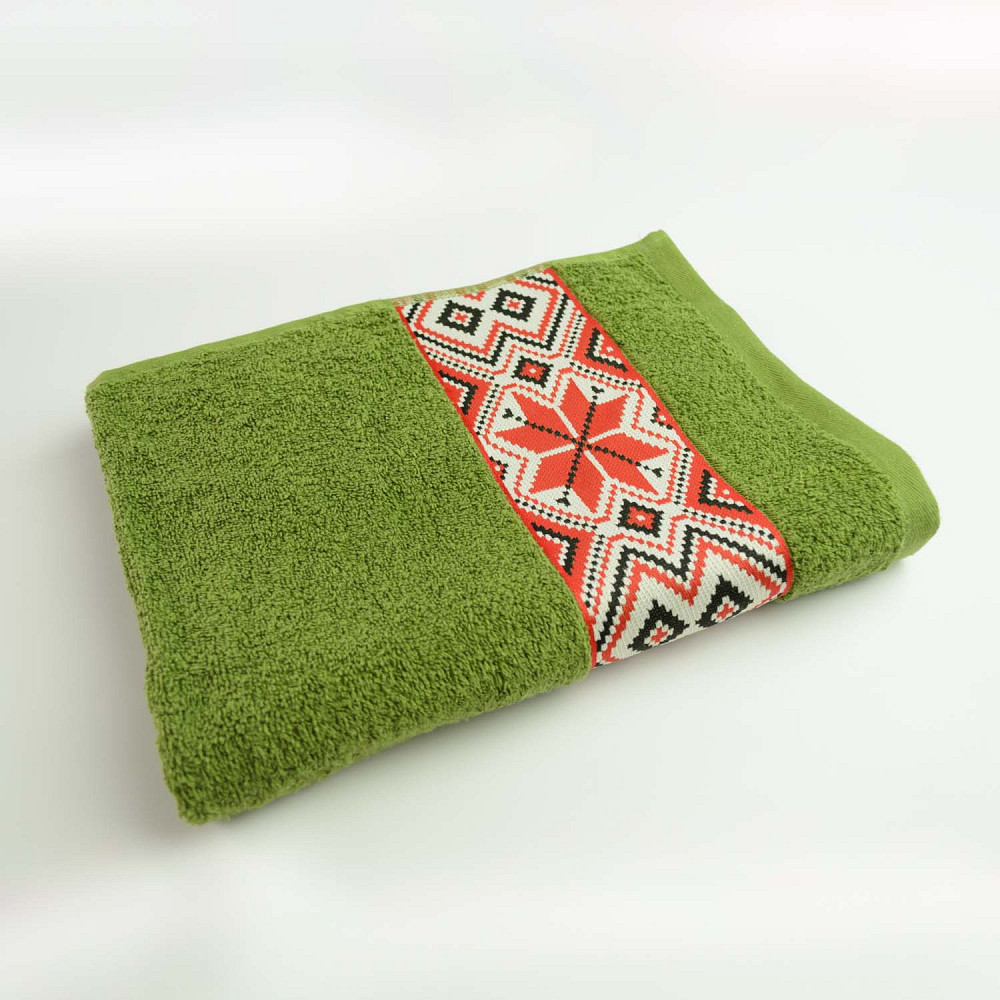 Банний махровий рушник з вишивкою GM Textile 50х90см Ukrainian style 450г/м2 (Зелений) Суми - фото 1