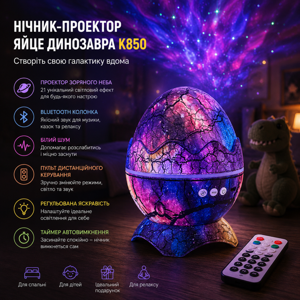 Нічник-проектор зоряного неба TOPA "Яйце динозавра" K850, Bluetooth-колонка, білий шум, 21 світловий ефект, пульт ДК, фіолетовий Київ - фото 8