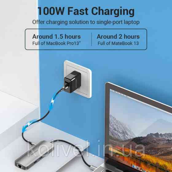 Док-станція USB3.1 Type-C --> HDMI/USB 3.0x3/RJ45/SD/TF/TRRS 3.5mm/PD 100W Hub 9-in-1 Vention (TOLHB) Київ