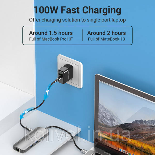 Док-станція USB3.1 Type-C --> HDMI/USB 3.0x3/RJ45/SD/TF/TRRS 3.5mm/PD 100W Hub 9-in-1 Vention (TOLHB) Київ - фото 6