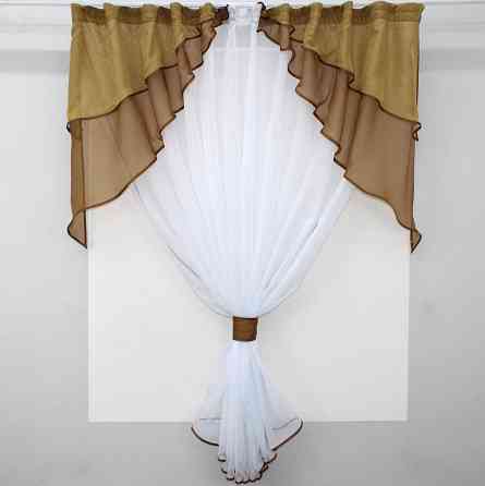 Кухонная занавеска VR-Textil № 114к ламбрекен и тюль белый с коричневым и золотистым 280х170 см (52-0556) Киев