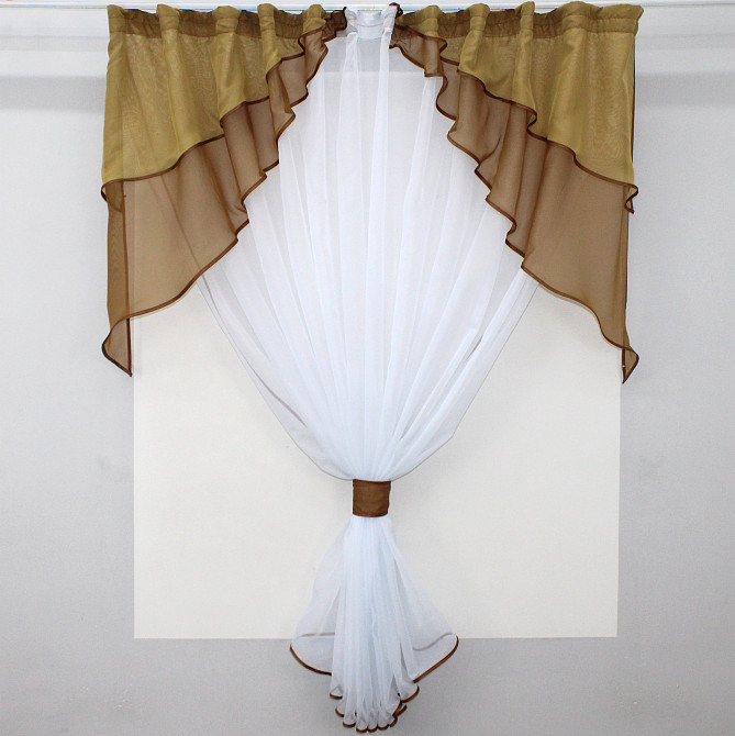 Кухонная занавеска VR-Textil № 114к ламбрекен и тюль белый с коричневым и золотистым 280х170 см (52-0556) Киев - изображение 1