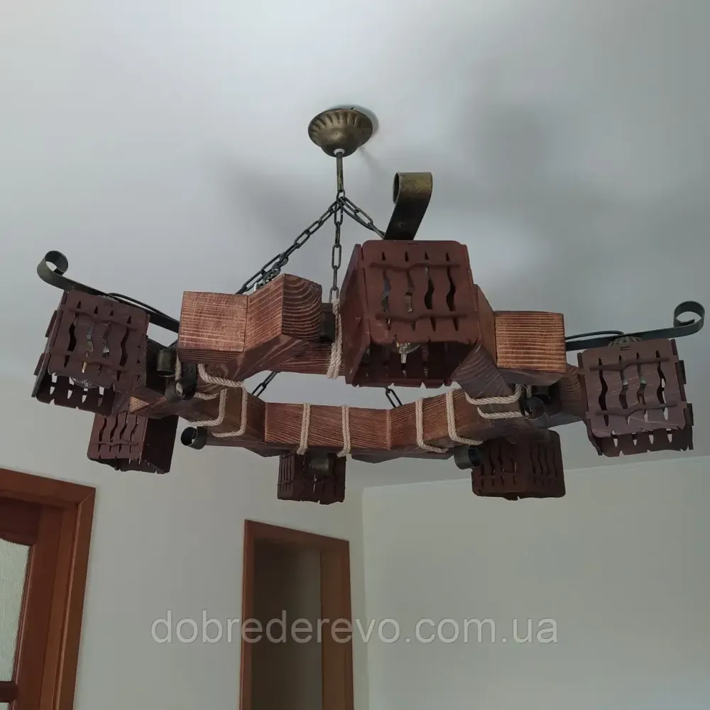 Люстра дерев'яна шестигранна на 6 плафонів 75х75 см еліт Вижниця - фото 4