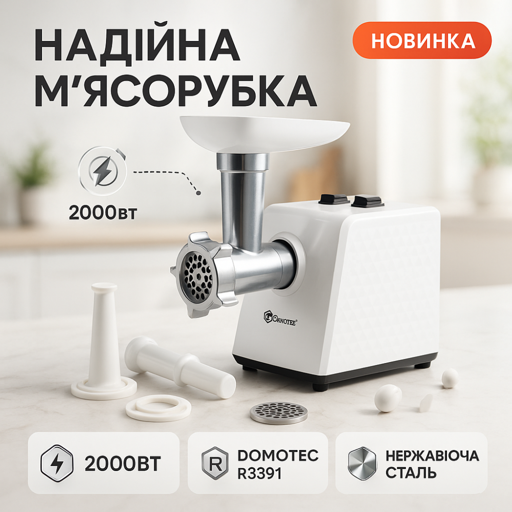 Потужна домашня м'ясорубка Domotec R3391 2000Вт, Потужна м'ясорубка з насадками для ковбас LD-76 Львів - фото 15