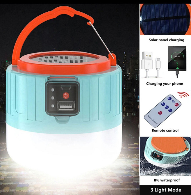 Фонарик аккумуляторный с пультом светодиодный с USB разъёмом повербанк солнечная батарея 11 на 9.5 см голубой Киев - изображение 1