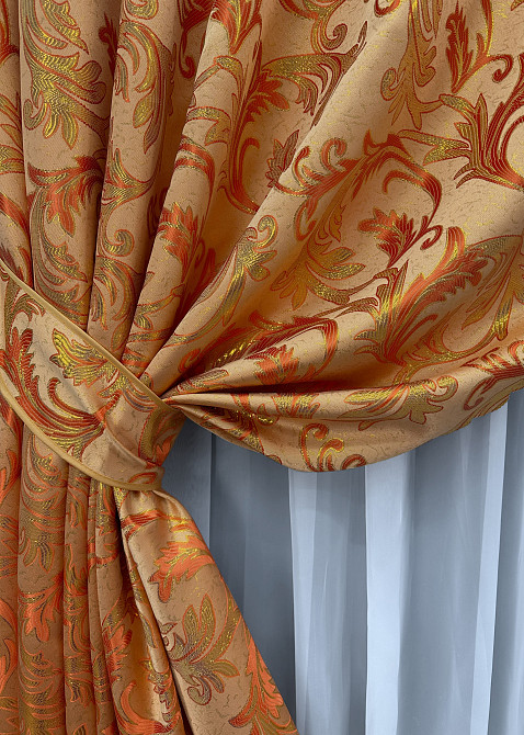 Комплект готовых штор VR-Textil Жаккард Завиток с люрексом № 1646ш Оранжевый с золотистым 145х170 см 2 шт (35-0258) Киев - изображение 8
