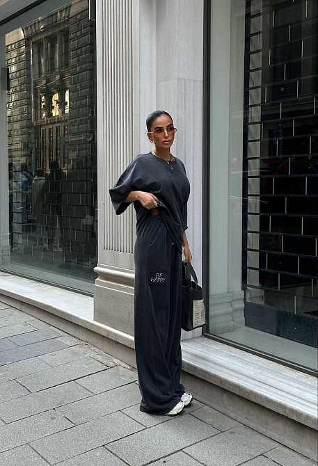 Женский прогулочный костюм двойка: кофта и штаны со стразами коттон 42, Графит Одесса - изображение 1