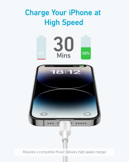 Кабель Anker 322 USB-C to Lightning - 1.8m Nylon White (6908154) Киев - изображение 3