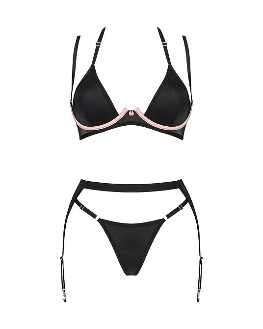 Комплект білизни Obsessive Selinne 3-pcs set XL/2XL Black, бюстгальтер, стрінги пояс для панчіх Sex Aura Київ - фото 3