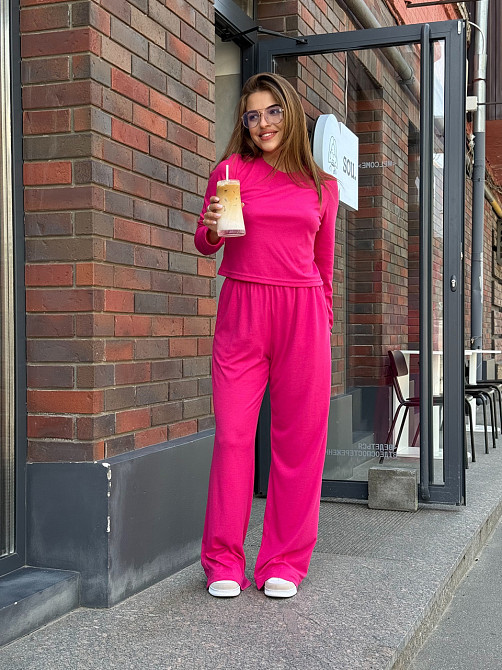 Женский костюм в рубчик с широкими штанами Малиновый M/L Харьков - изображение 4