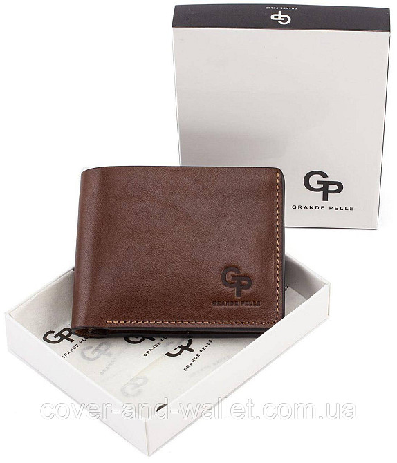 Коричневый мужской кожаный кошелек ручной роботы на магнитах Grande Pelle Киев - изображение 10