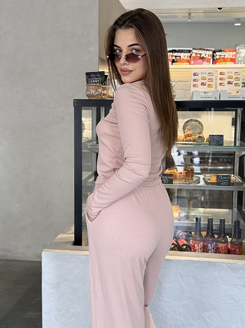 Женский костюм в рубчик с широкими штанами Бежевый XL/2XL Харьков - изображение 4