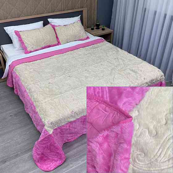 Покривало двостороннє з хутром 210x230 (+-10 см) і 2 наволочки колір рожевий з молочним (85-153) Київ