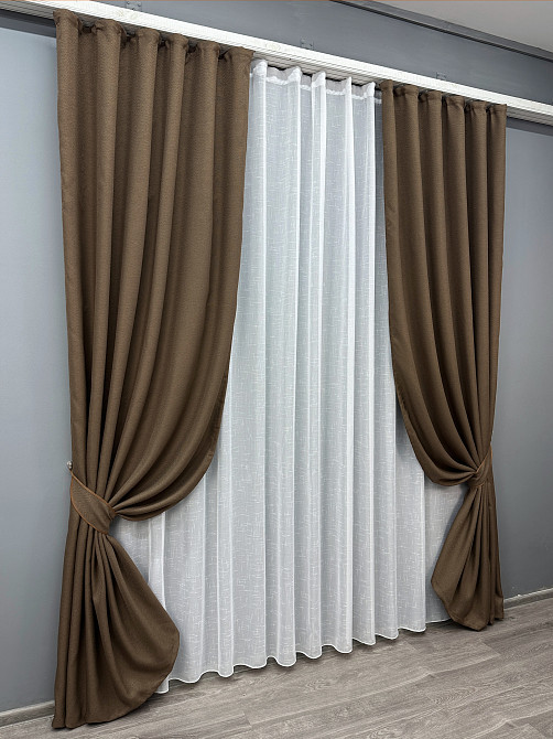 Комплект штор VR-Textil Льон Мішковина 200х270 2шт і Тюль 500х270 277ш-115т Коричневий з білим 71-015/6 Київ - фото 2