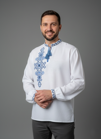 Мужская вышиванка Фламинго синий орнамент с вышивкой на спине Киев