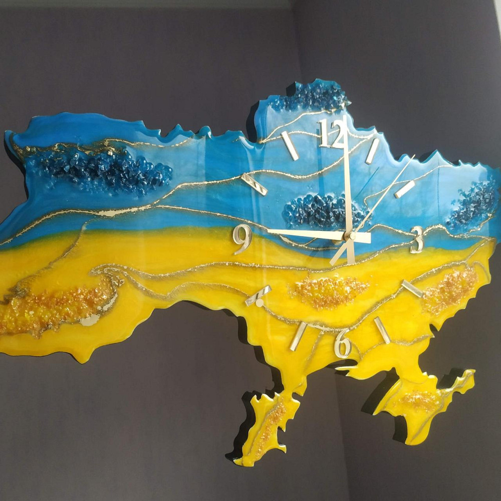 Настінний годинник з епоксидної смоли ручної роботи "Карта України" 40х25 см Дніпро - фото 8