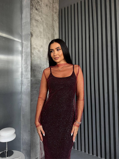 Женская элегантная вечерняя миди-платье вискоза и сетка молния Бордовый, 42/44 Одесса - изображение 3