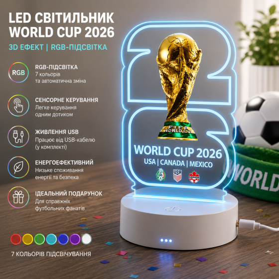 LED светильник World Cup 2026 3D с RGB-подсветкой, ночник Кубок мира, подарок футбольному фанату Киев