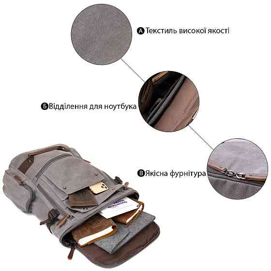 Рюкзак текстильний дорожній унісекс з ручками Vintage 20662 Сірий Київ