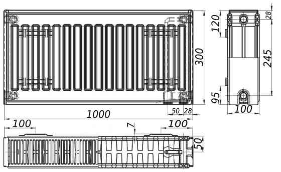 Радіатор сталевий 22/300х1000 низ-справа/бок KALITE (без клапана OUTER) Тернопіль