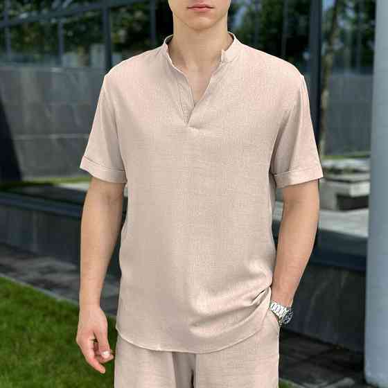 Кремовая льняная рубашка для мужчин с коротким рукавом Pobedov Misto Киев