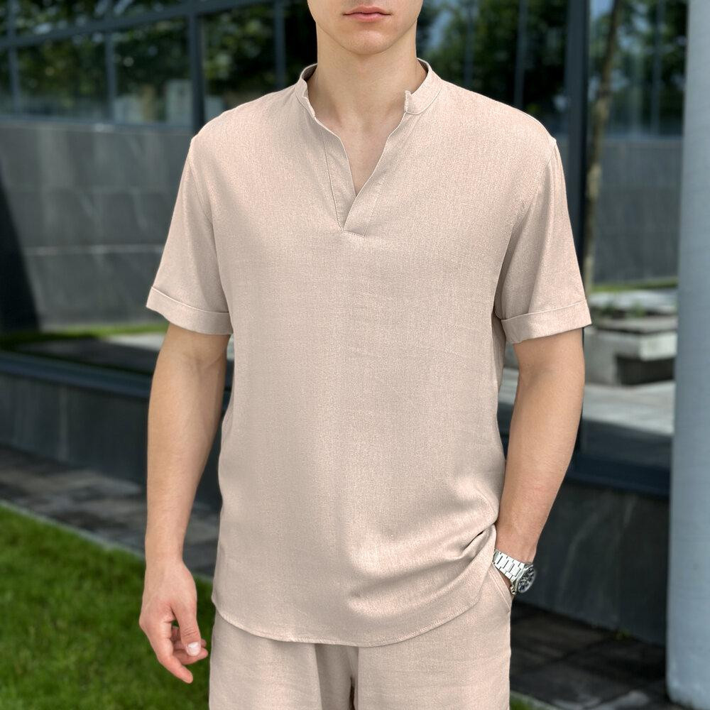 Кремовая льняная рубашка для мужчин с коротким рукавом Pobedov Misto Киев - изображение 2