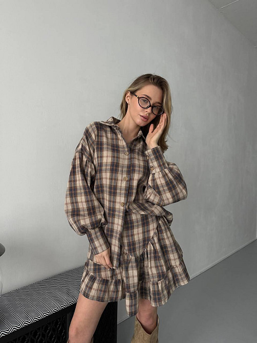 Жіночий стильний костюм-двійка: сорочка та спідниця в карту тіар Бежевий, 42/44 Одеса - фото 10