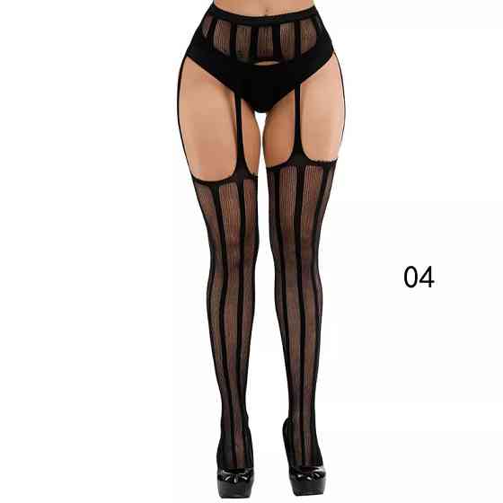 Чулки с поясом сетка в полоску универсальный черный Киев