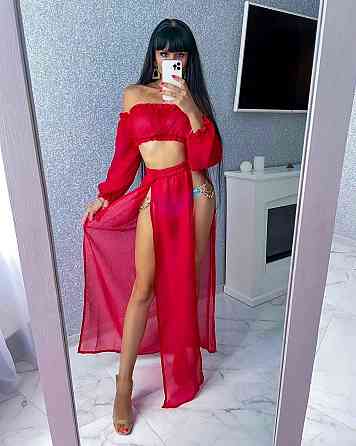 Женский яркий пляжный костюм двойка: топ и штаны шифон Красный Одесса