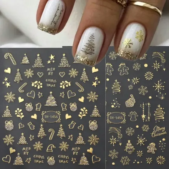 Новогодние наклейки для ногтей с золотым тиснением – набор 2 листа Киев