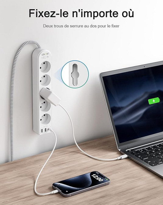 Мережевий подовжувач LENCENT (5 розеток, 2 USB, 1 Type-C) з вимикачем та плетеним кабелем 2 м (товар з вітрини) Луцк - изображение 4