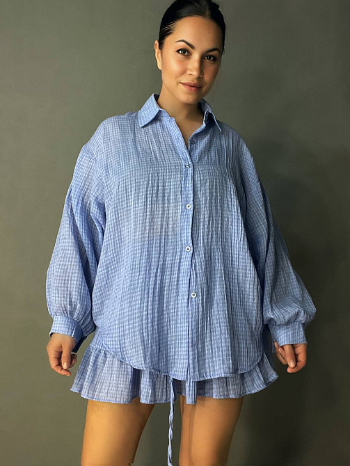 Костюм жіночий Xingyue 318-3 мусліновий у клітинку сорочка оверсайз і спідниця-шорти, блакитний, one size Київ - фото 5