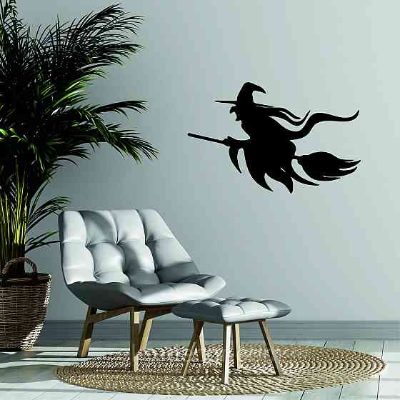 Декоративное настенное Панно «Ведьма на метле с котом», Декор на стену 90*54 см, Черный Киев