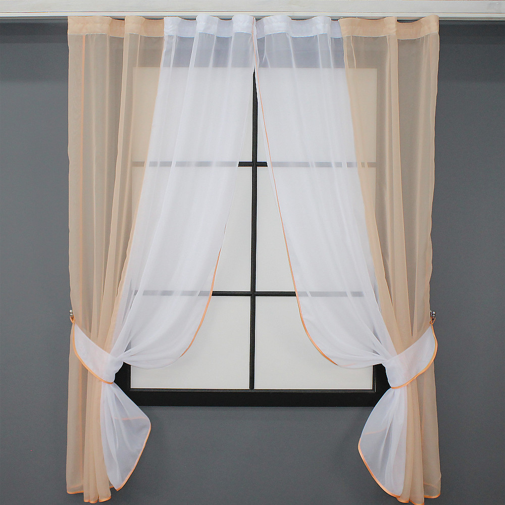 Кухонные шторы VR-Textil № 017к комбинированные с подвязками персиковый с белым 265х170 см (50-006) Киев - изображение 1