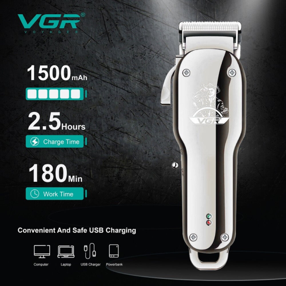Машинка для стрижки VGR V-679: 5 Вт, 1500 мА·год, 180 хв, ножі 0.8–2 мм, 4 насадки до 13 мм, LED, USB, АКБ/Мережа Одеса