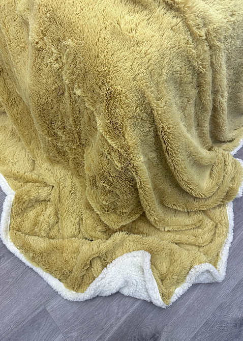 Плед двосторонній 155х200 см (+-5см) із штучною овчиною та хутром Гірчичний з білим (87-080) Київ - фото 7